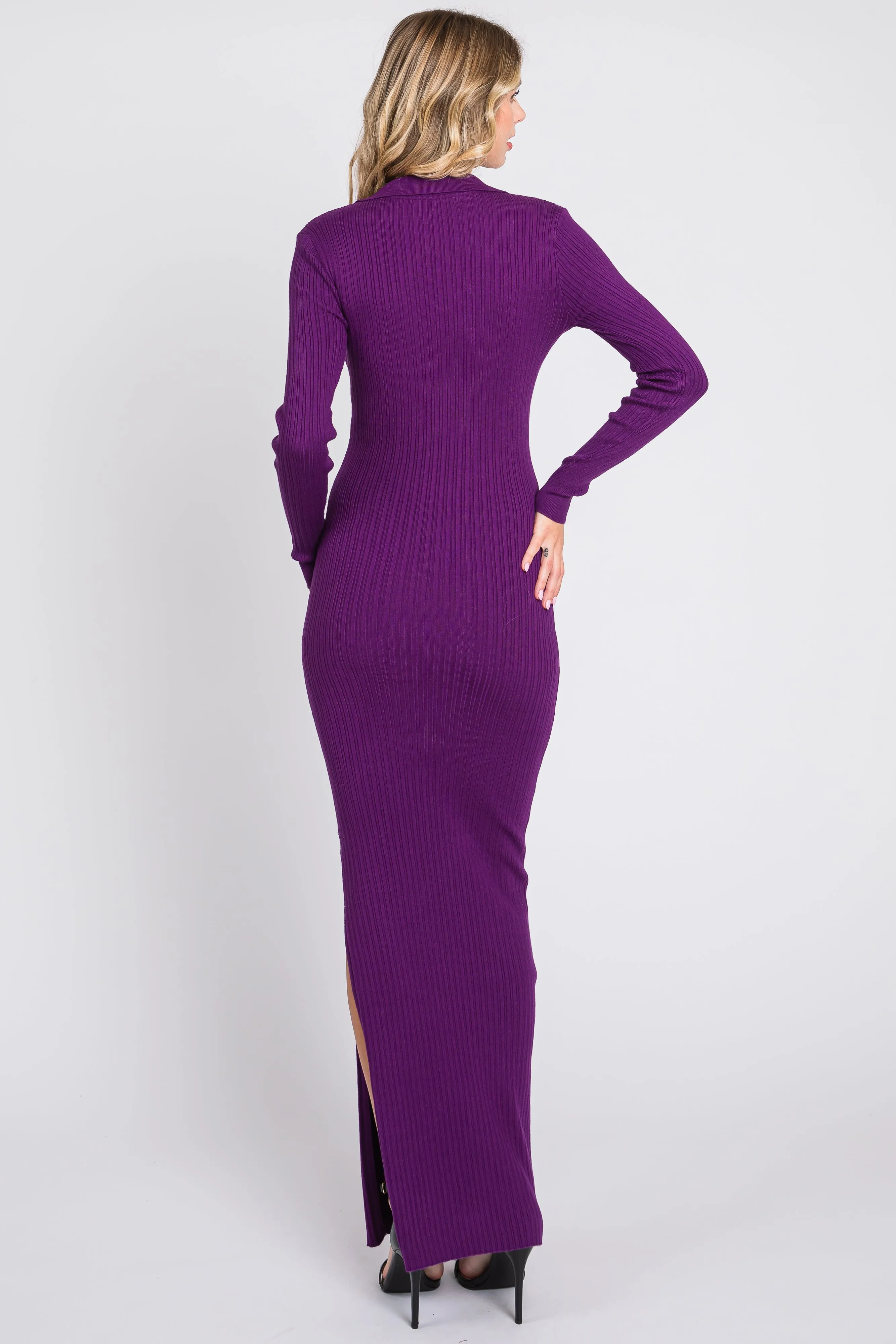 Purple Rib Knit Collared Maxi Dress sold by Pinkblush product image thumbnail 3