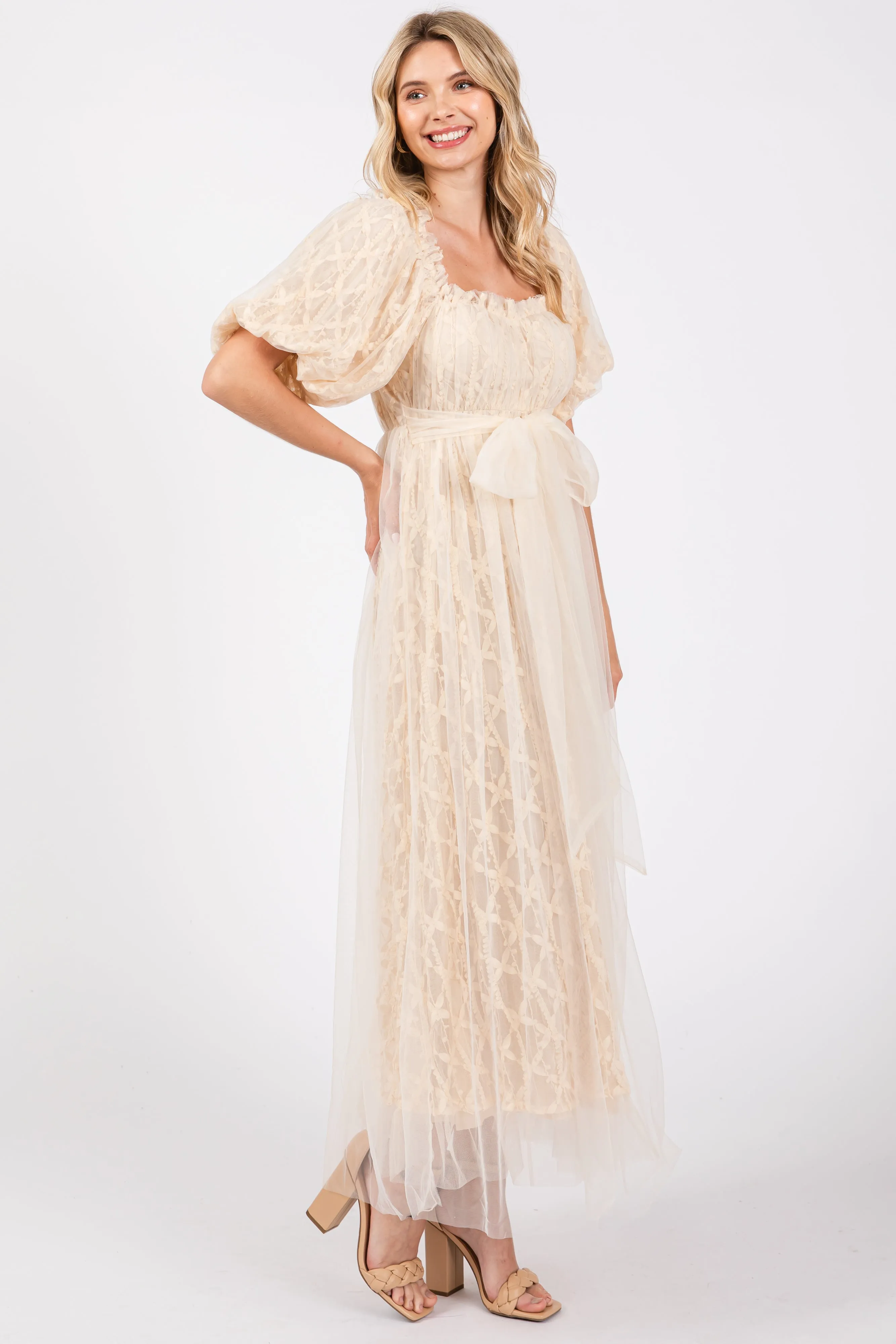 Cream Balloon Sleeve Embroidery Mesh Midi Dress sold by Pinkblush product image thumbnail 2