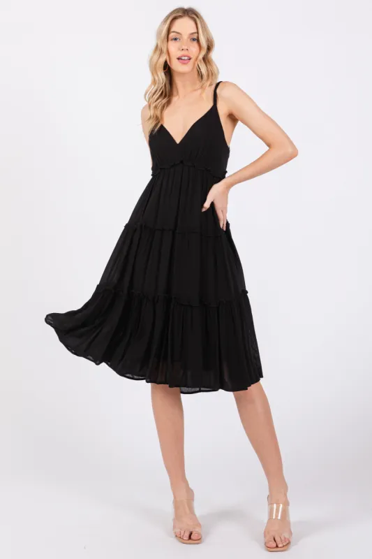 Black Ruffle Tiered Cutout Back Tie Dress sold by Pinkblush