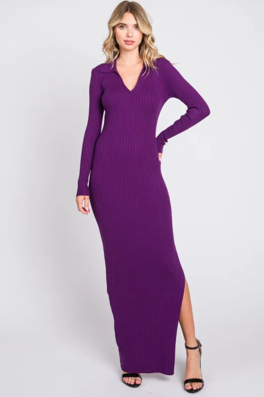 Purple Rib Knit Collared Maxi Dress sold by Pinkblush