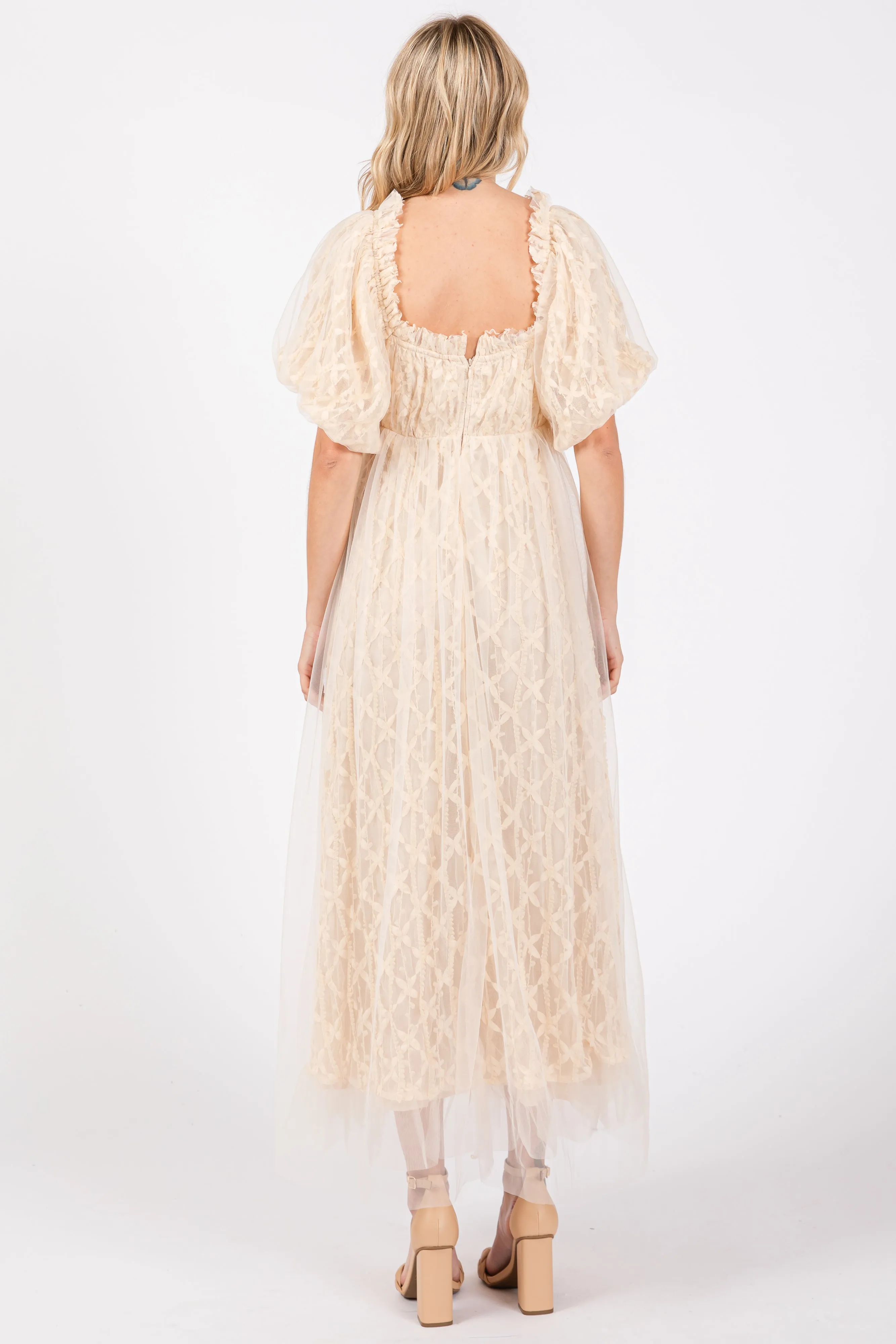 Cream Balloon Sleeve Embroidery Mesh Midi Dress sold by Pinkblush product image thumbnail 3