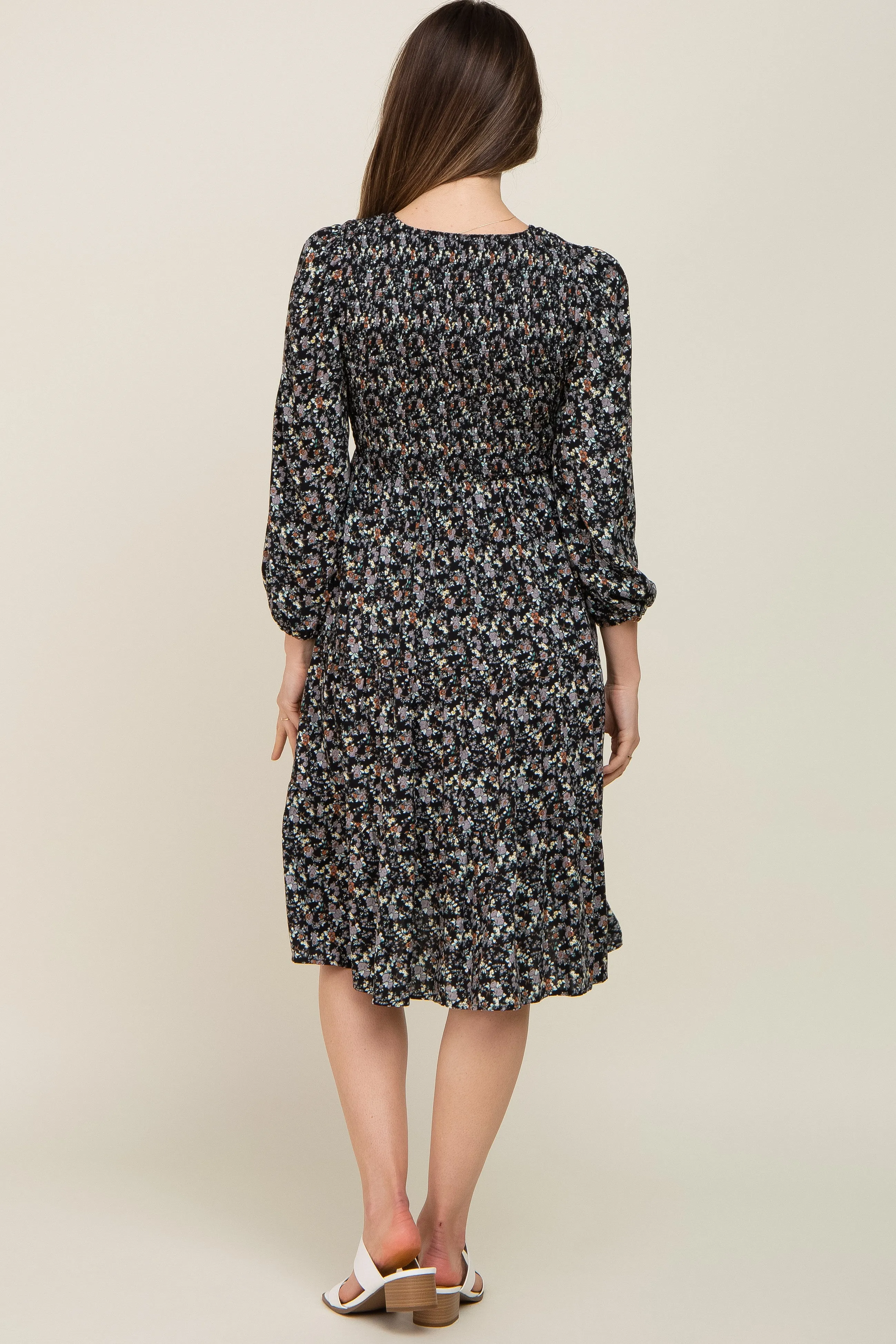 Black Floral Smocked 3/4 Sleeve Tiered Maternity Midi Dress sold by Pinkblush product image thumbnail 3