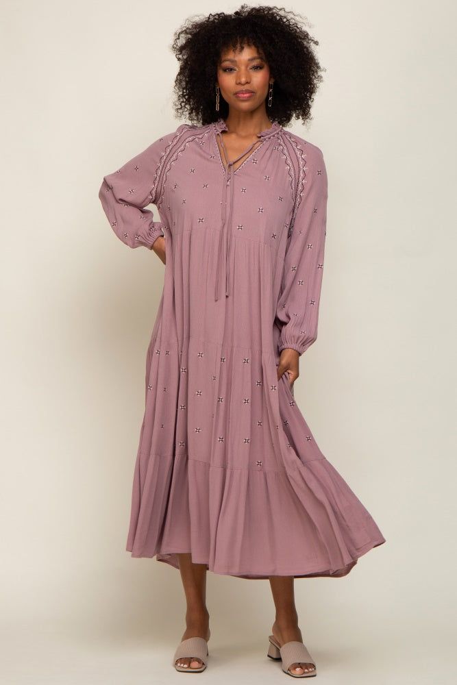 Mauve Ruffle Mock Neck Embroidered Tiered Maternity Midi Dress sold by Pinkblush product image thumbnail 6