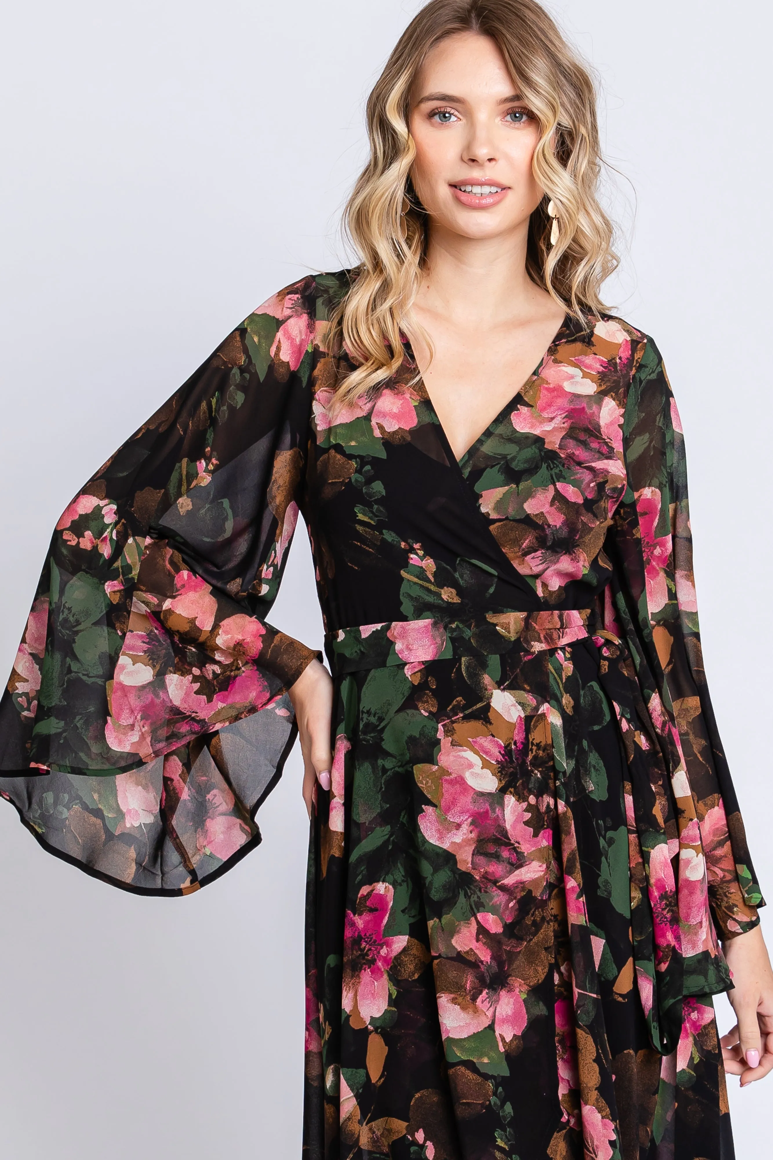 Green Floral Chiffon Wrap Front Hi-Low Dress sold by Pinkblush product image thumbnail 4