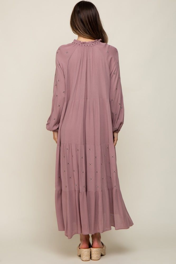 Mauve Ruffle Mock Neck Embroidered Tiered Maternity Midi Dress sold by Pinkblush product image thumbnail 3