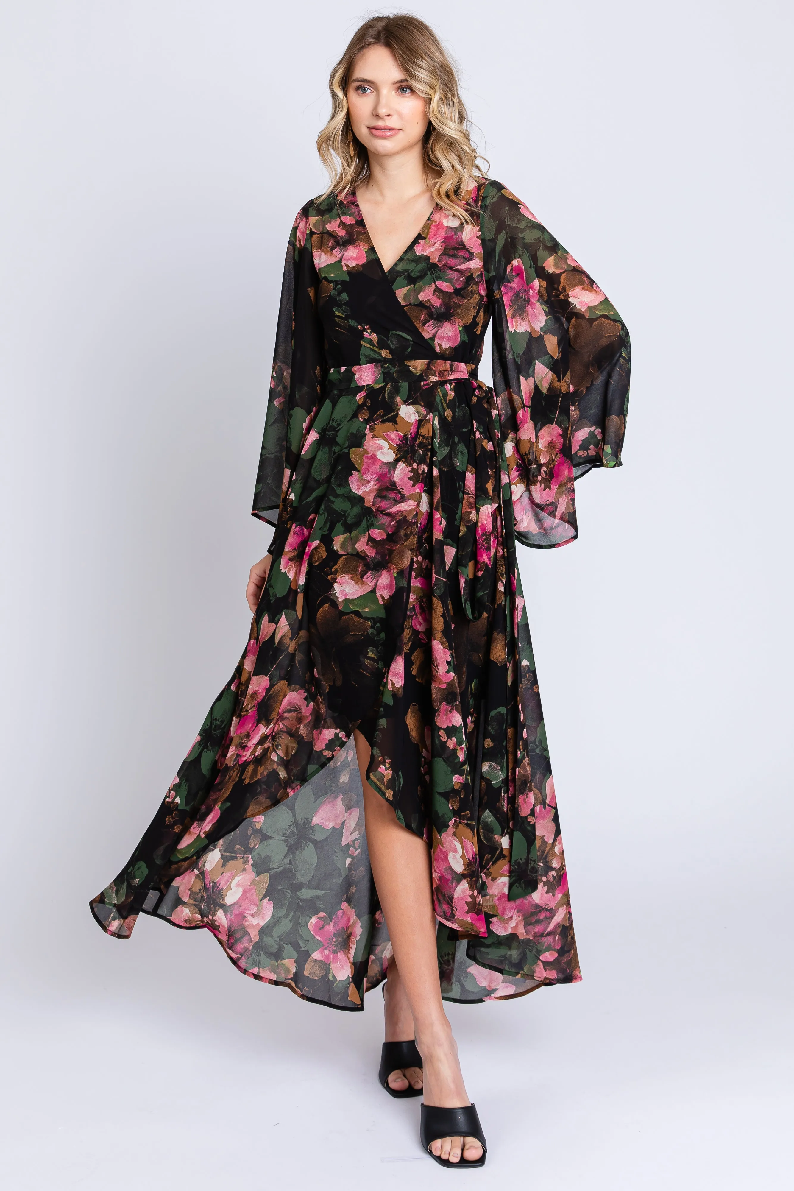 Green Floral Chiffon Wrap Front Hi-Low Dress sold by Pinkblush