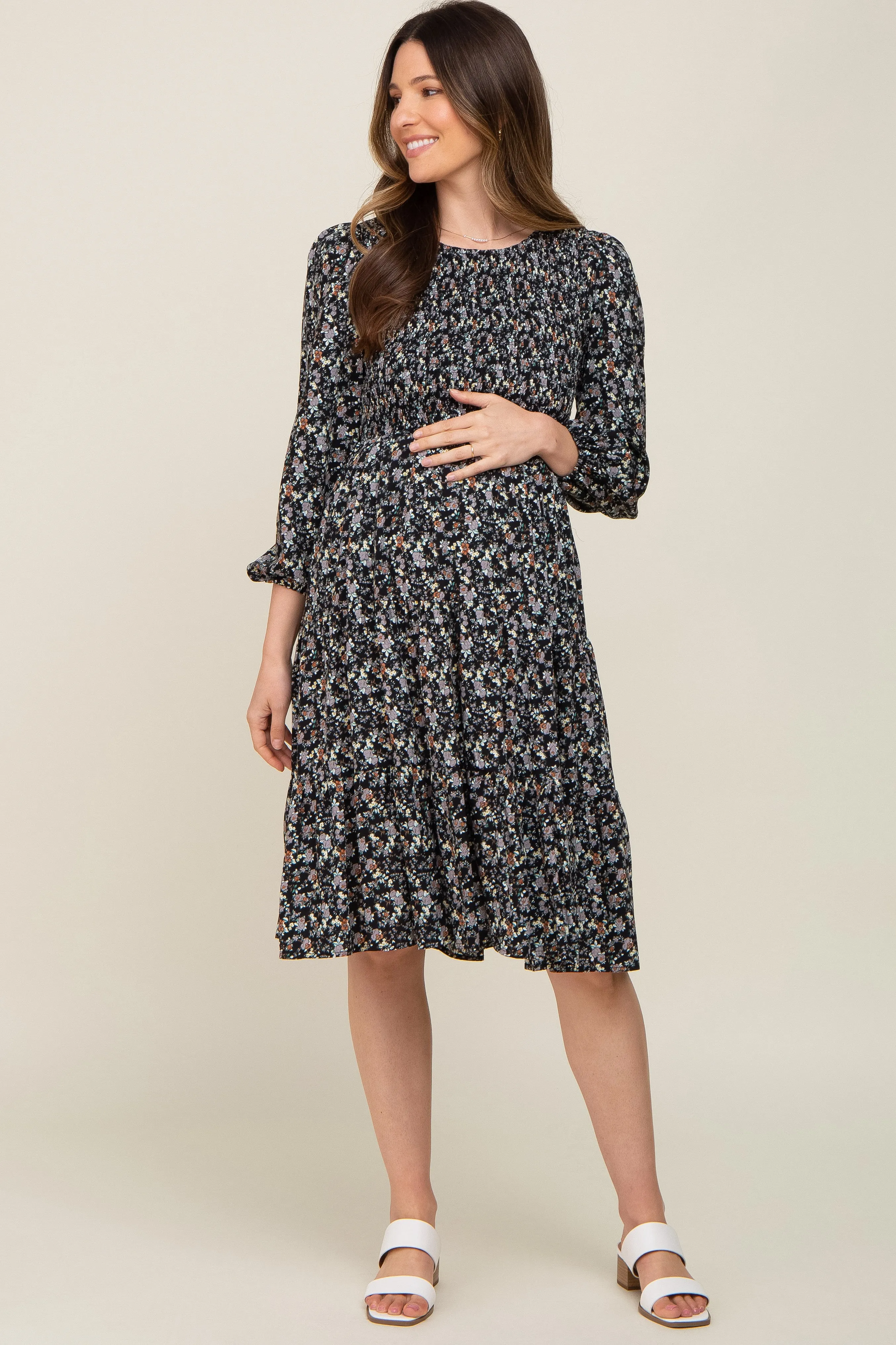 Black Floral Smocked 3/4 Sleeve Tiered Maternity Midi Dress sold by Pinkblush