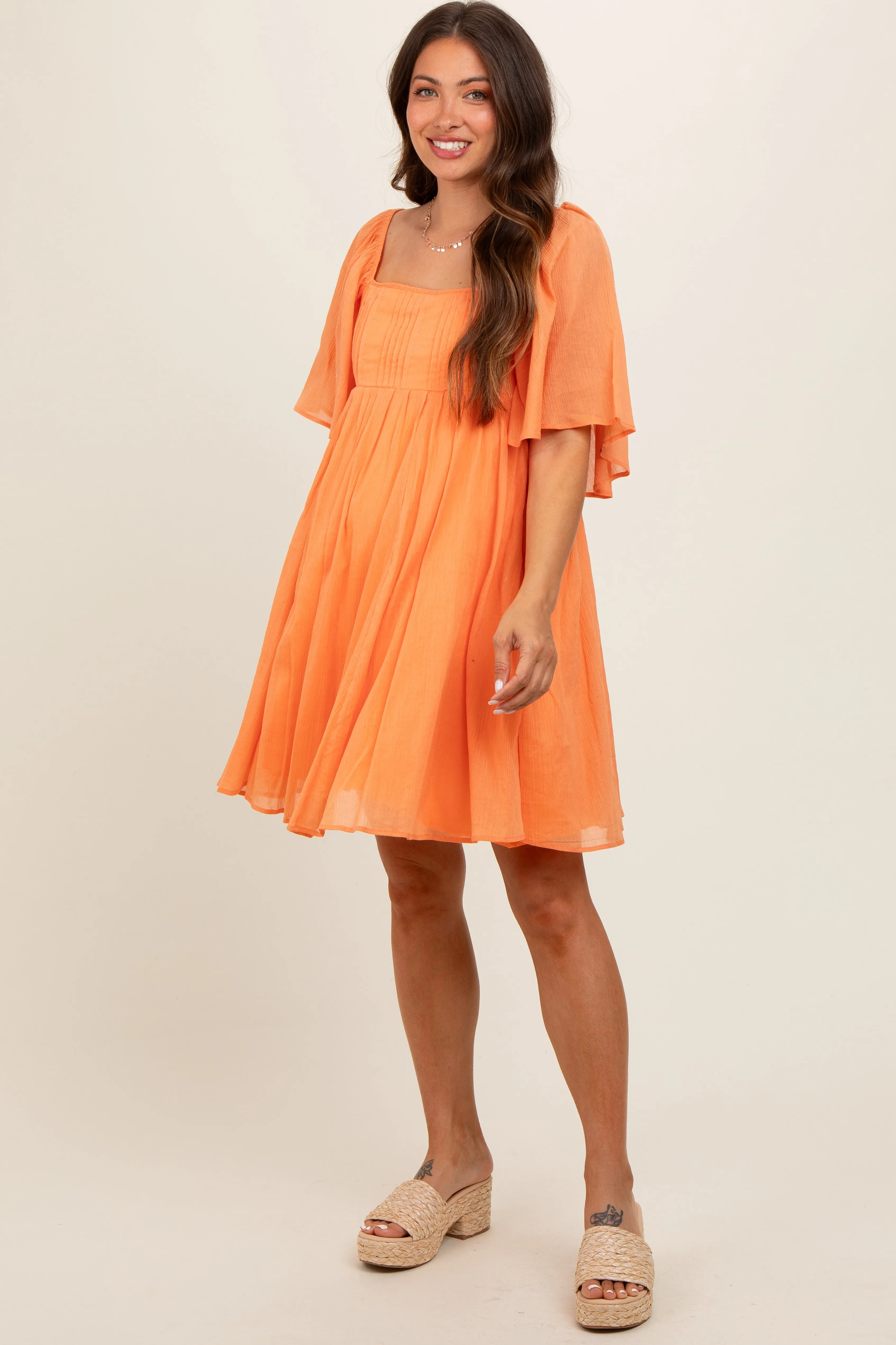 Orange Square Neck Pleated Flutter Short Sleeve Maternity Dress sold by Pinkblush
