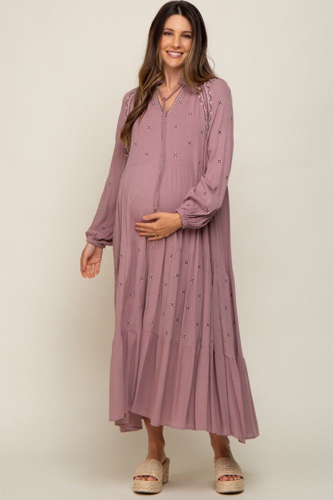 Mauve Ruffle Mock Neck Embroidered Tiered Maternity Midi Dress sold by Pinkblush product image thumbnail 4