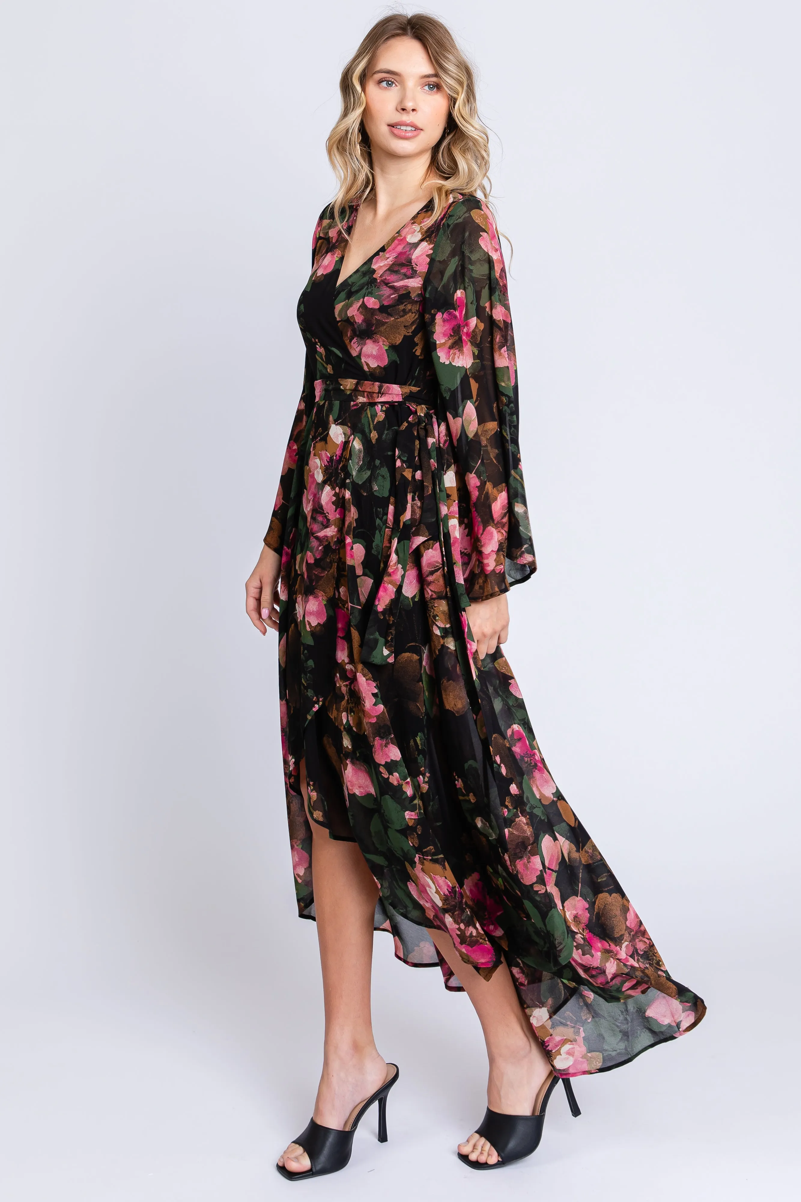 Green Floral Chiffon Wrap Front Hi-Low Dress sold by Pinkblush product image thumbnail 2