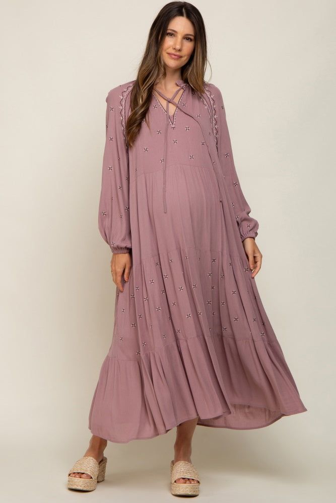 Mauve Ruffle Mock Neck Embroidered Tiered Maternity Midi Dress sold by Pinkblush
