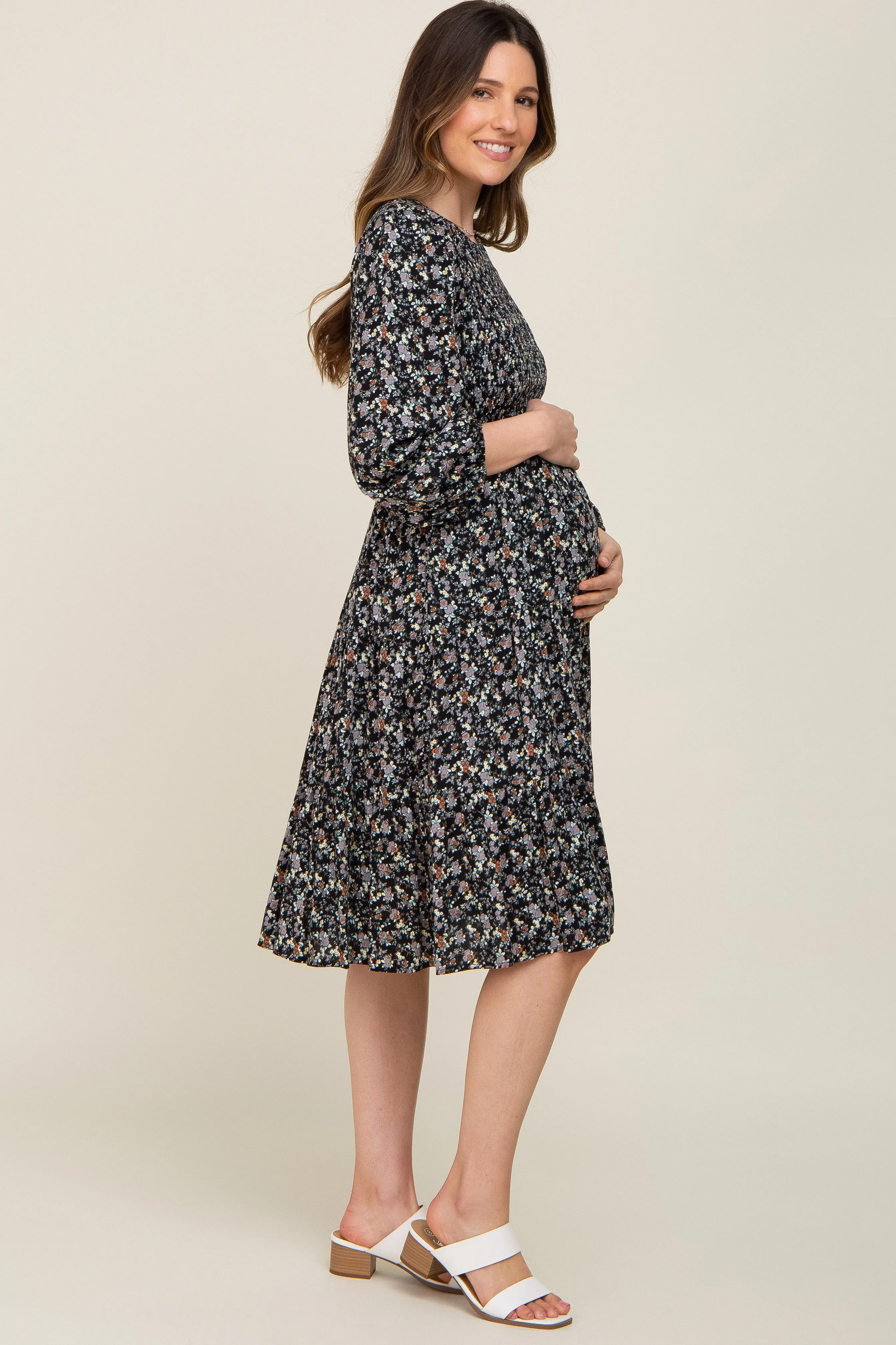 Black Floral Smocked 3/4 Sleeve Tiered Maternity Midi Dress sold by Pinkblush product image thumbnail 2