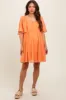 Orange Square Neck Pleated Flutter Short Sleeve Maternity Dress sold by Pinkblush