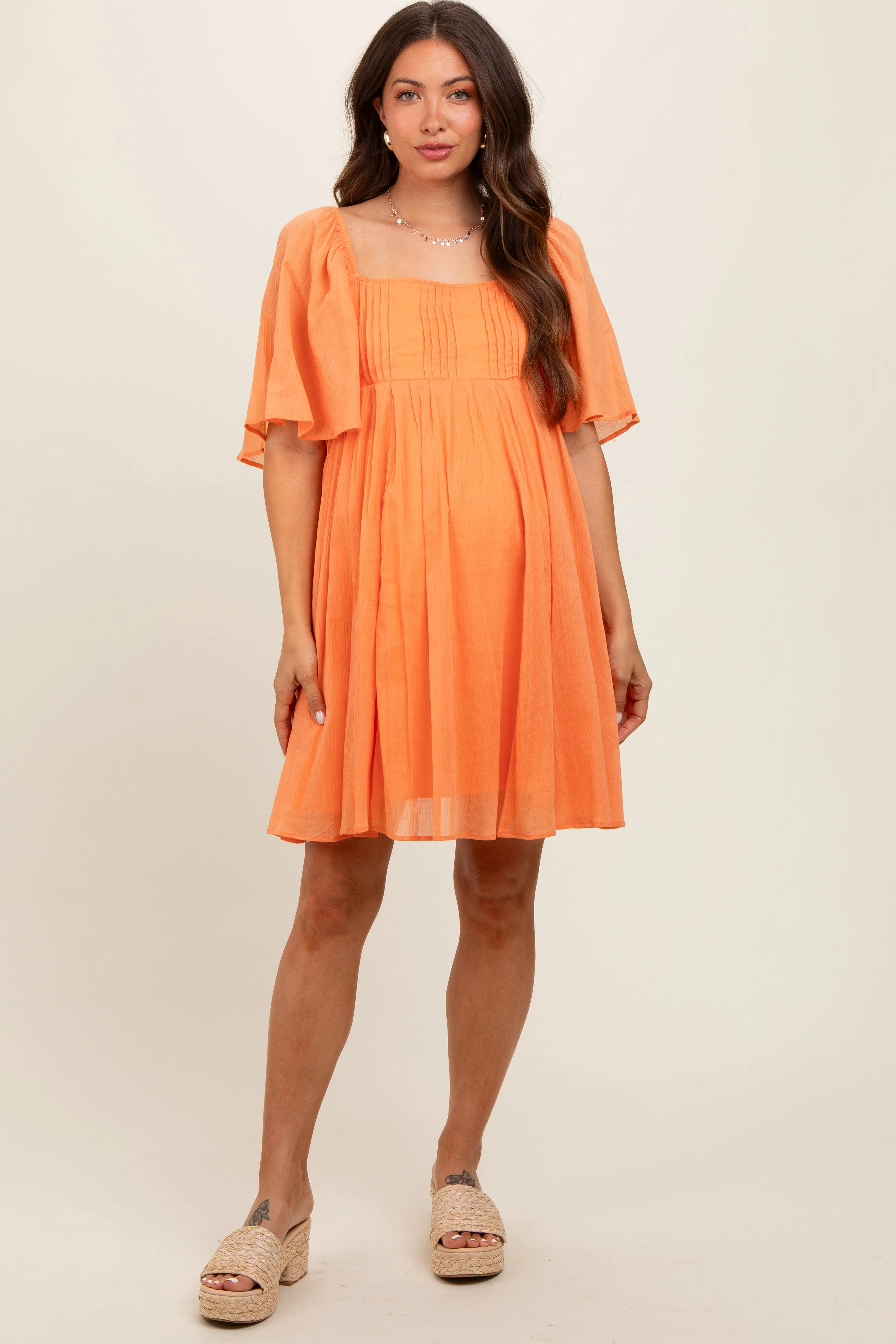 Orange Square Neck Pleated Flutter Short Sleeve Maternity Dress sold by Pinkblush product image thumbnail 2