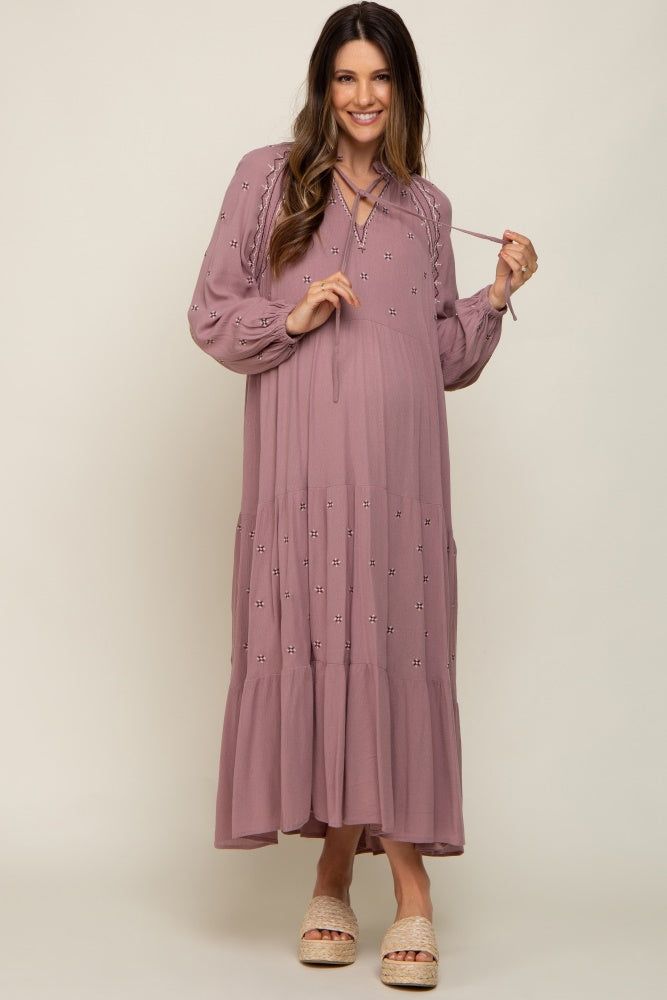 Mauve Ruffle Mock Neck Embroidered Tiered Maternity Midi Dress sold by Pinkblush product image thumbnail 5