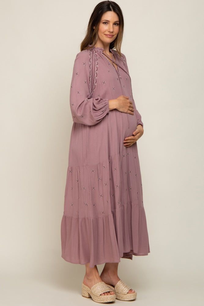 Mauve Ruffle Mock Neck Embroidered Tiered Maternity Midi Dress sold by Pinkblush product image thumbnail 2