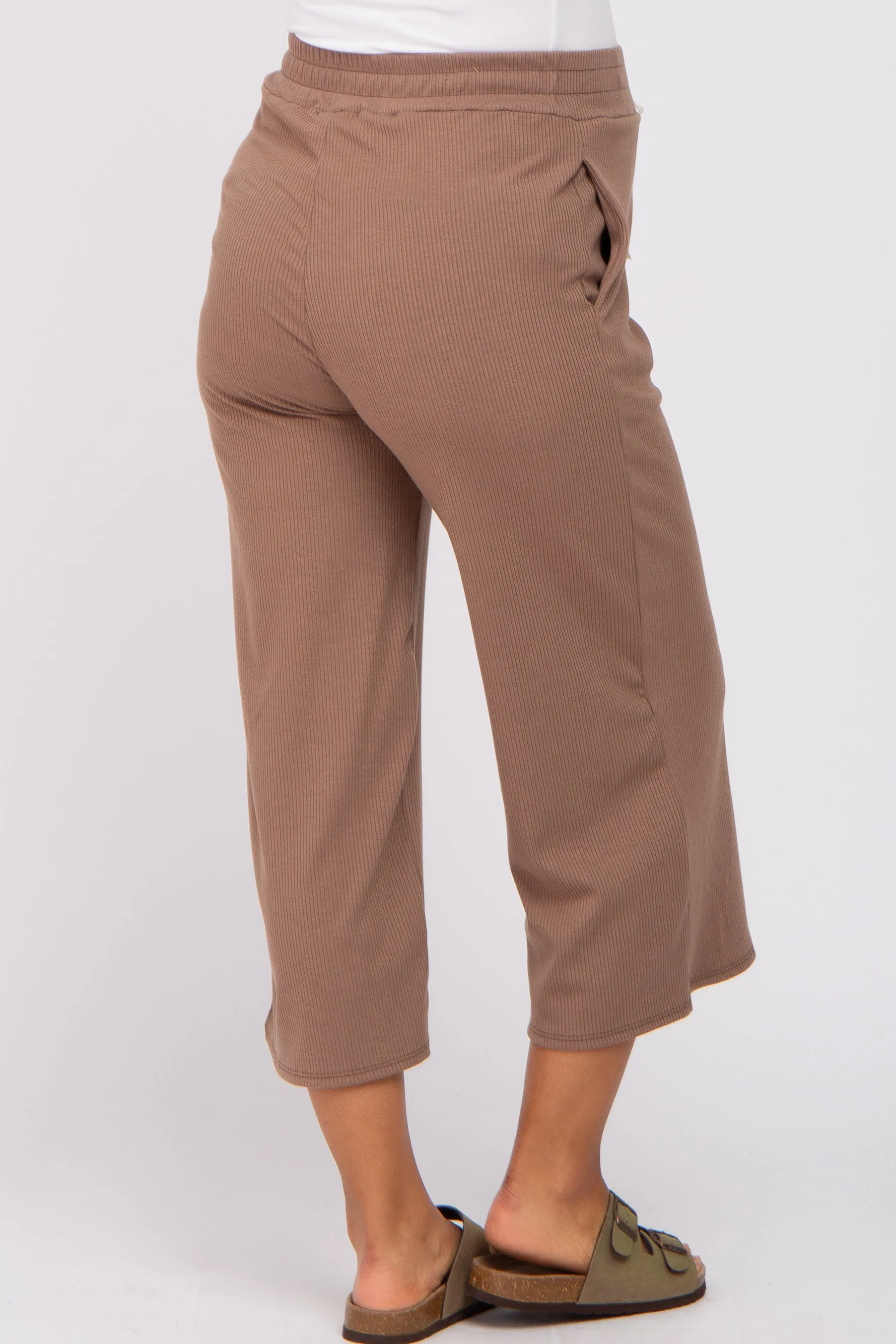 Taupe Ribbed Cropped Wide Leg Maternity Pants sold by Pinkblush product image thumbnail 4