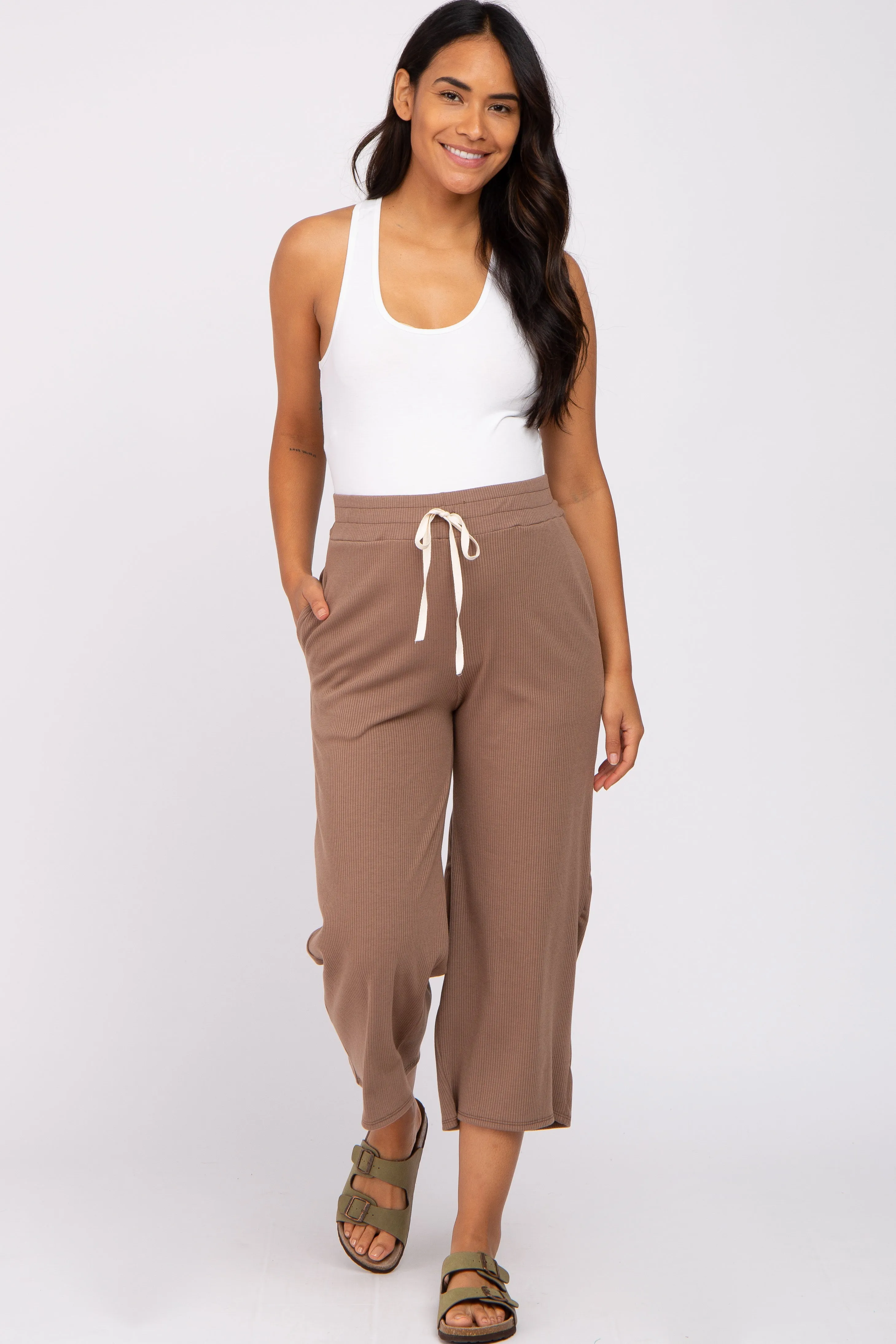 Taupe Ribbed Cropped Wide Leg Maternity Pants sold by Pinkblush
