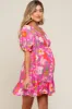 Fuchsia Floral Smocked Puff Sleeve Maternity Dress sold by Pinkblush