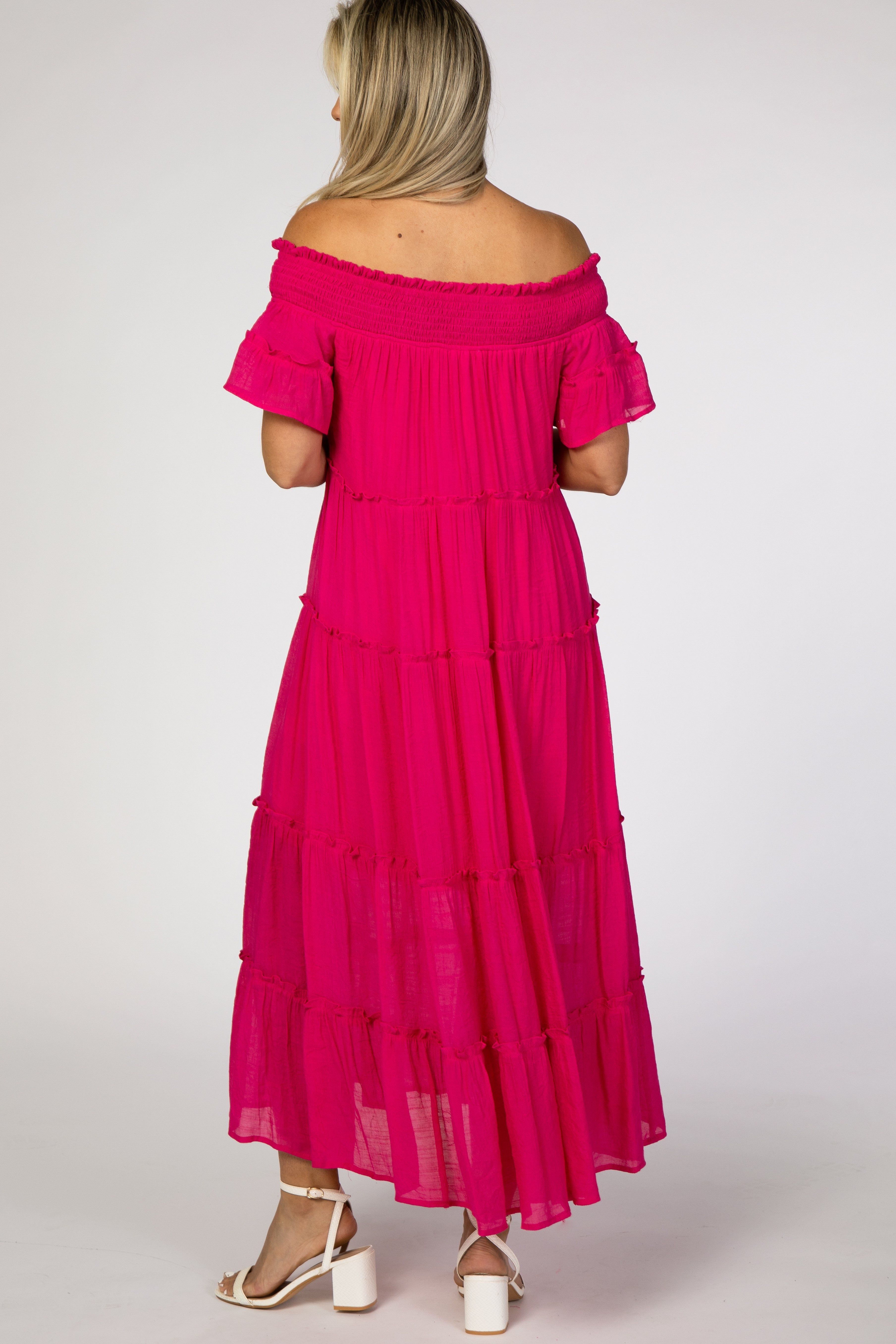 Fuchsia Off Shoulder Tiered Maternity Maxi Dress sold by Pinkblush product image thumbnail 3