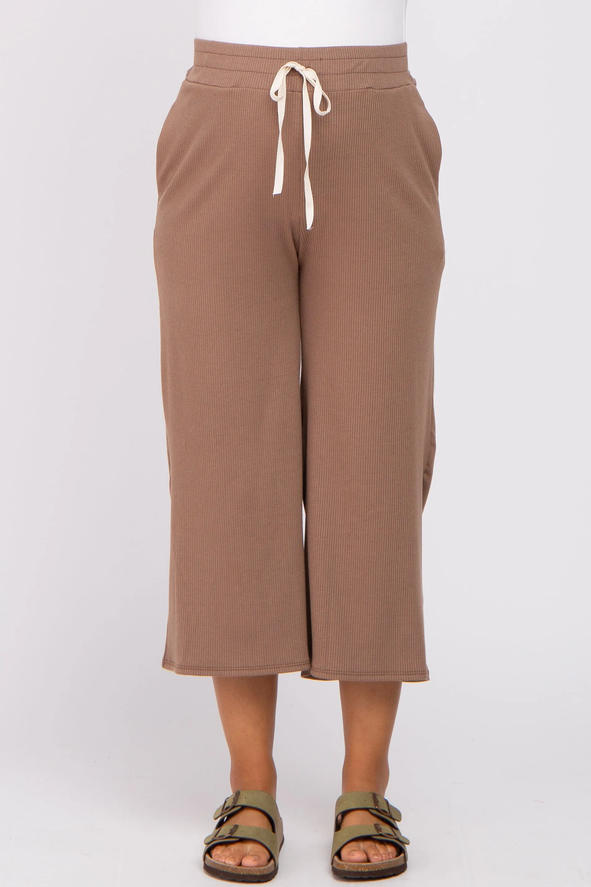 Taupe Ribbed Cropped Wide Leg Maternity Pants sold by Pinkblush product image thumbnail 2