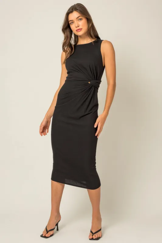 Black Rib Knit Sleeveless Side Twist Midi Dress sold by Pinkblush