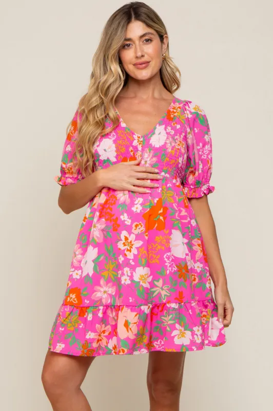 Fuchsia Floral Smocked Puff Sleeve Maternity Dress sold by Pinkblush