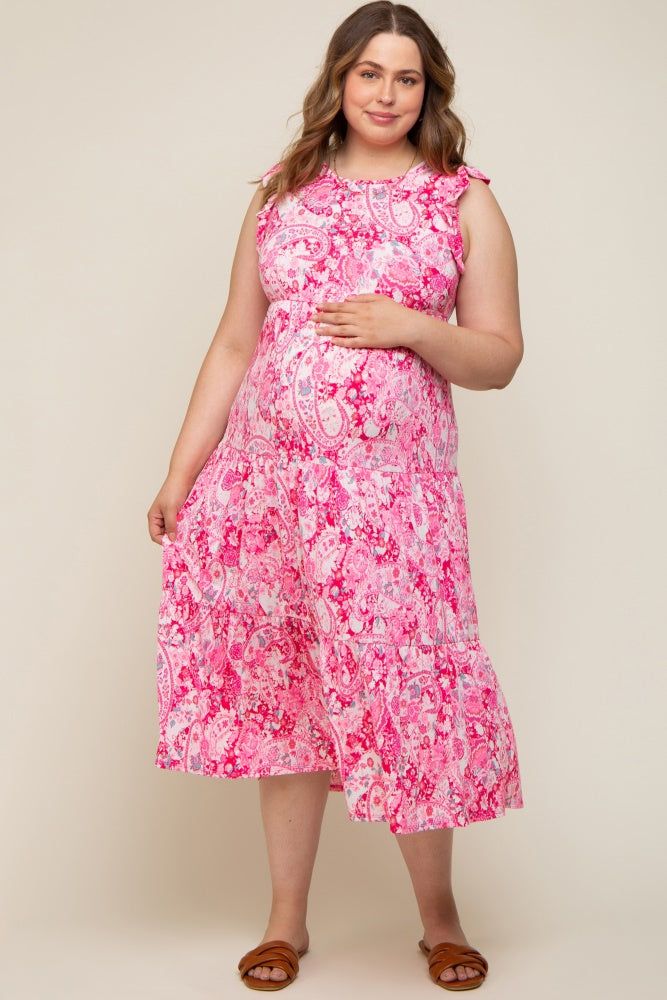 Fuchsia Floral Paisley Tiered Plus Maternity Midi Dress sold by Pinkblush