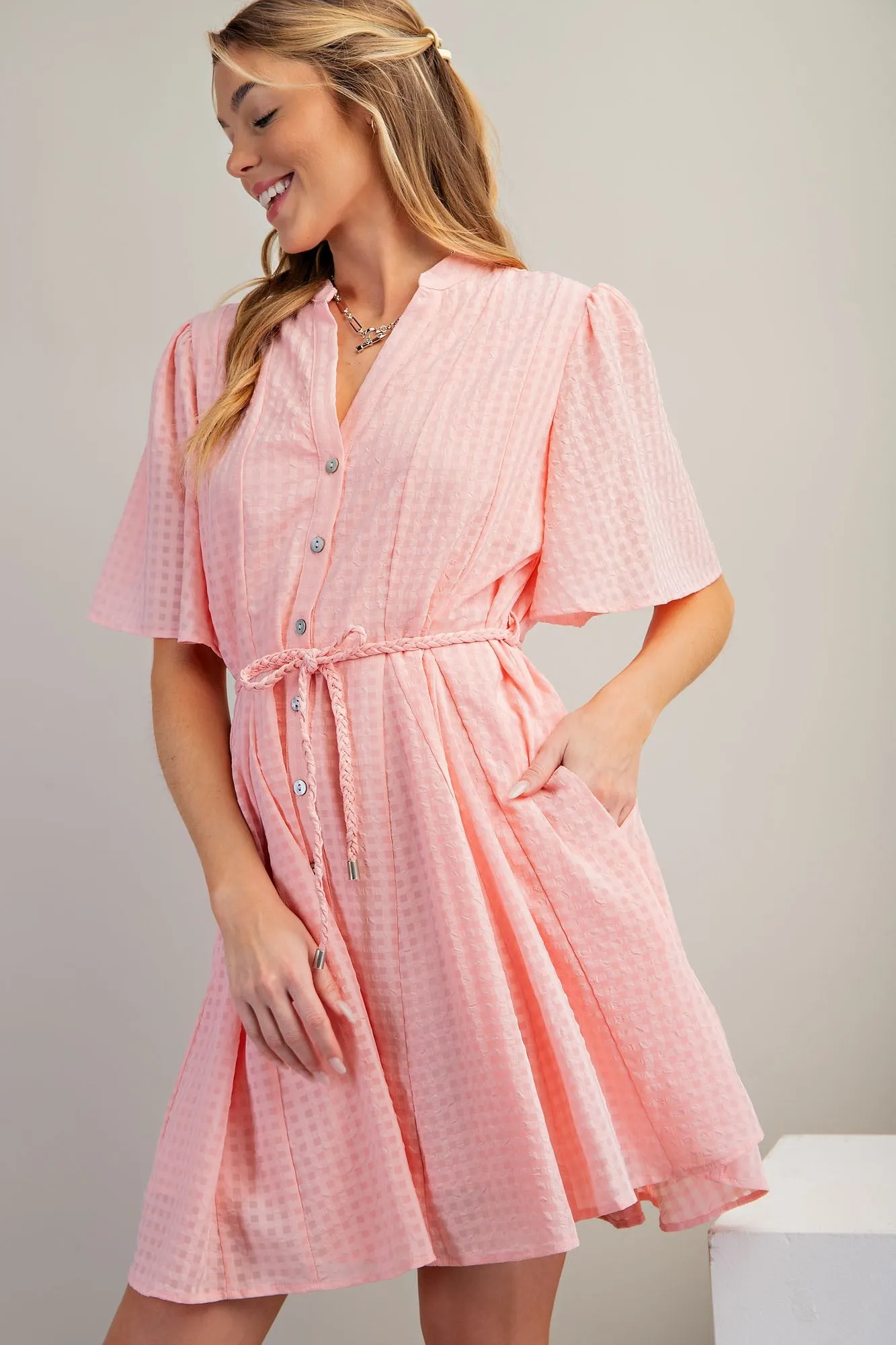 Pink Checkered Braided Belt Button Front Dress sold by Pinkblush