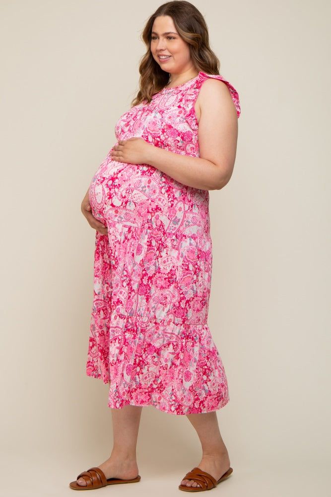 Fuchsia Floral Paisley Tiered Plus Maternity Midi Dress sold by Pinkblush product image thumbnail 2