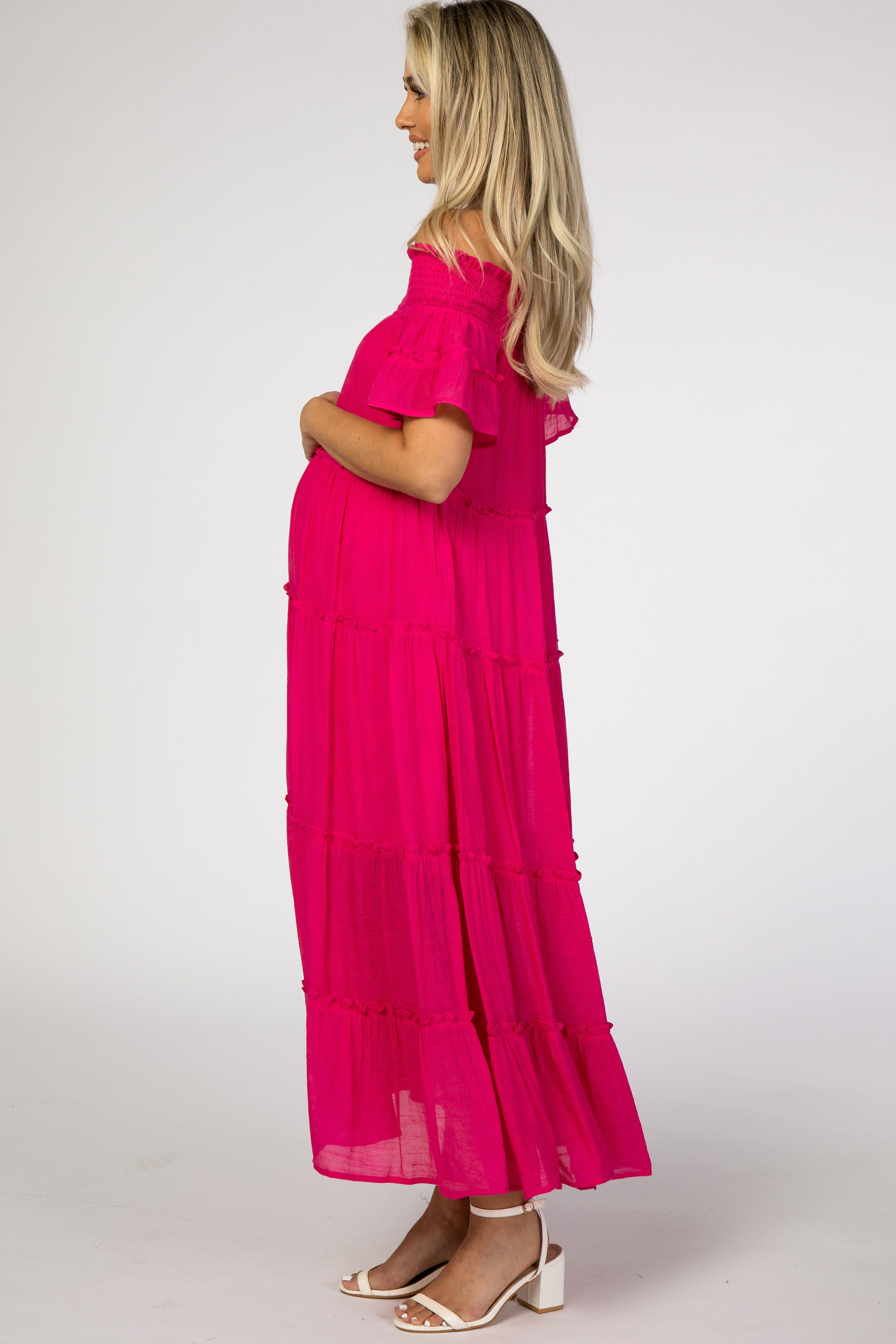 Fuchsia Off Shoulder Tiered Maternity Maxi Dress sold by Pinkblush product image thumbnail 2