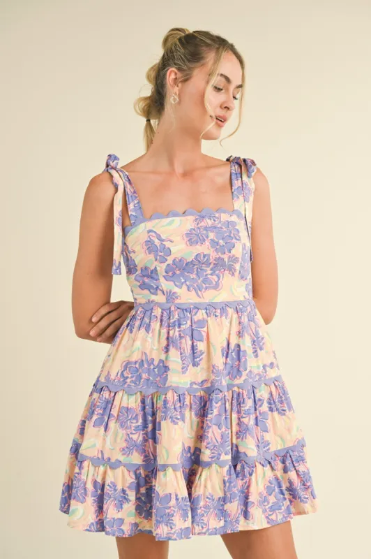 Lavender Nude Floral Tiered Scallop Trim Mini Dress sold by Pinkblush