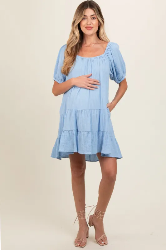 Light Blue Ribbon Back Detail Puff Sleeve Maternity Mini Dress sold by Pinkblush