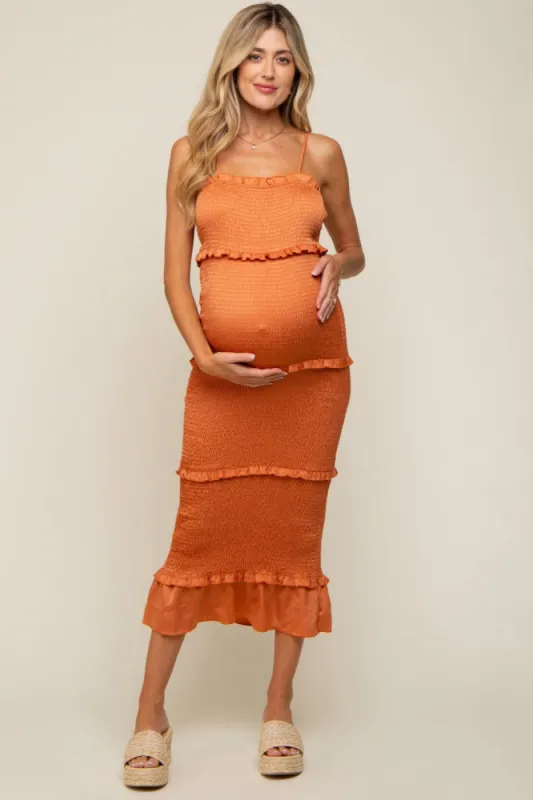 Orange Satin Smocked Fitted Maternity Midi Dress sold by Pinkblush