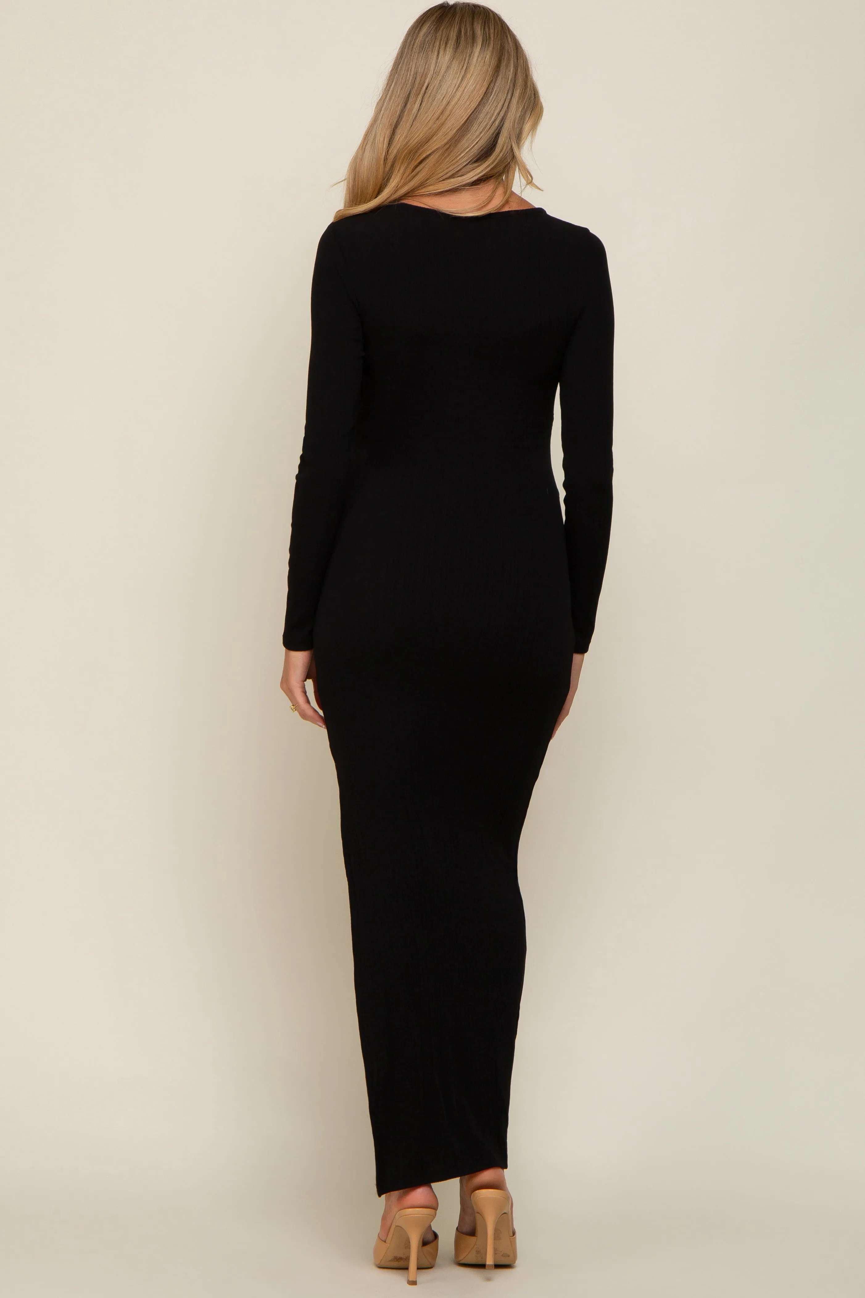 Black Ribbed Long Sleeve Side Slit Maternity Maxi Dress sold by Pinkblush product image thumbnail 3