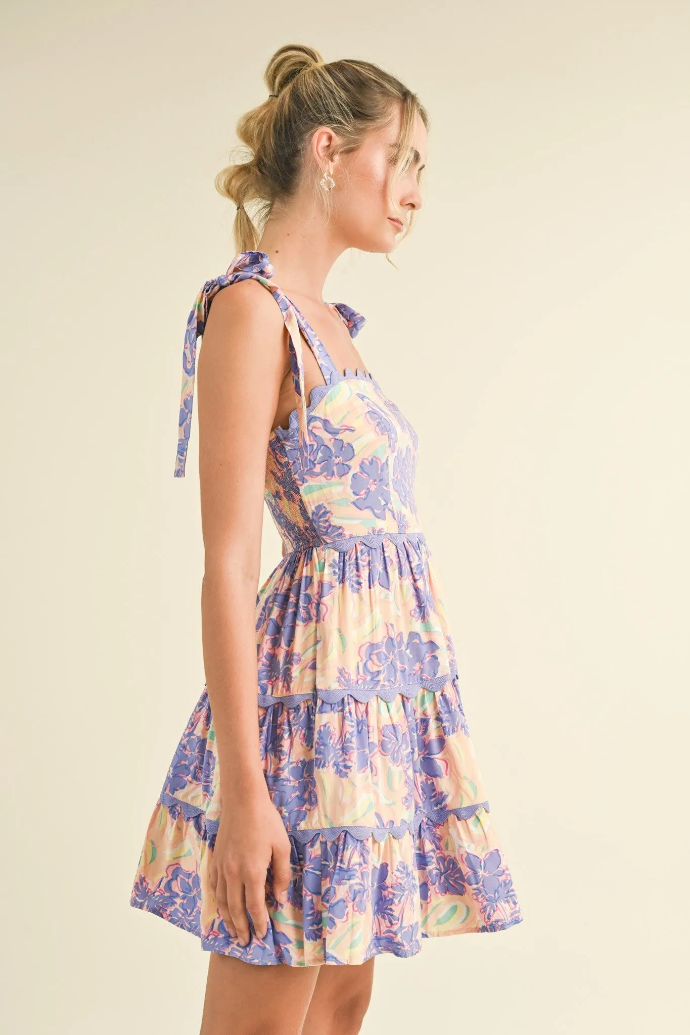 Lavender Nude Floral Tiered Scallop Trim Mini Dress sold by Pinkblush product image thumbnail 2