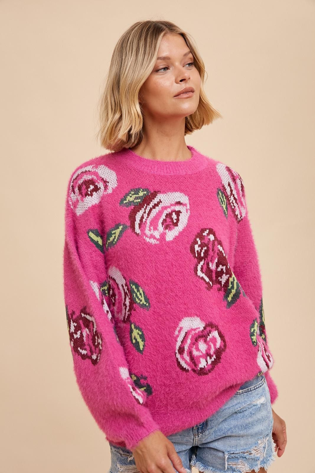 Fuchsia Floral Fuzzy Knit Sweater sold by Pinkblush product image thumbnail 2