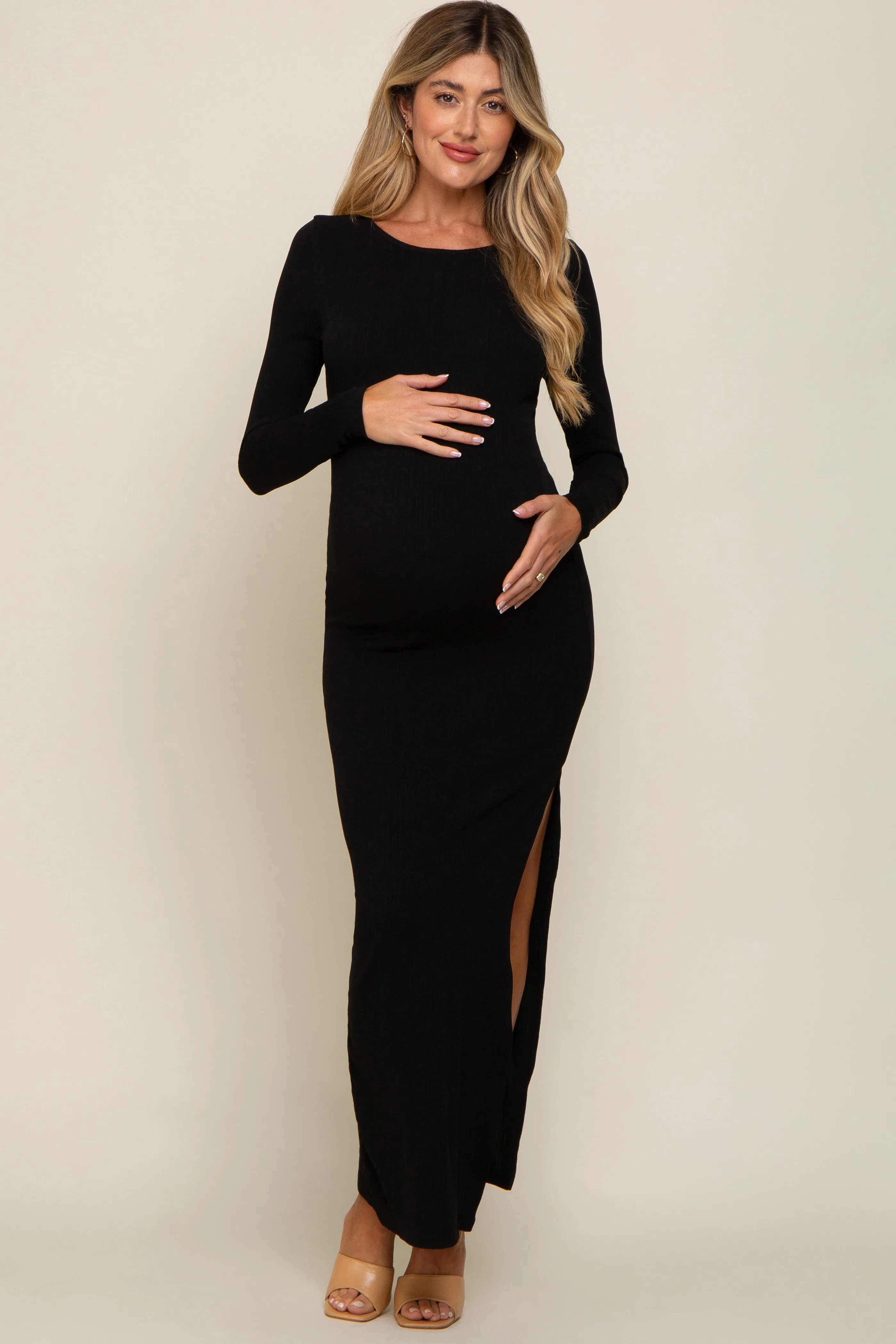 Black Ribbed Long Sleeve Side Slit Maternity Maxi Dress sold by Pinkblush