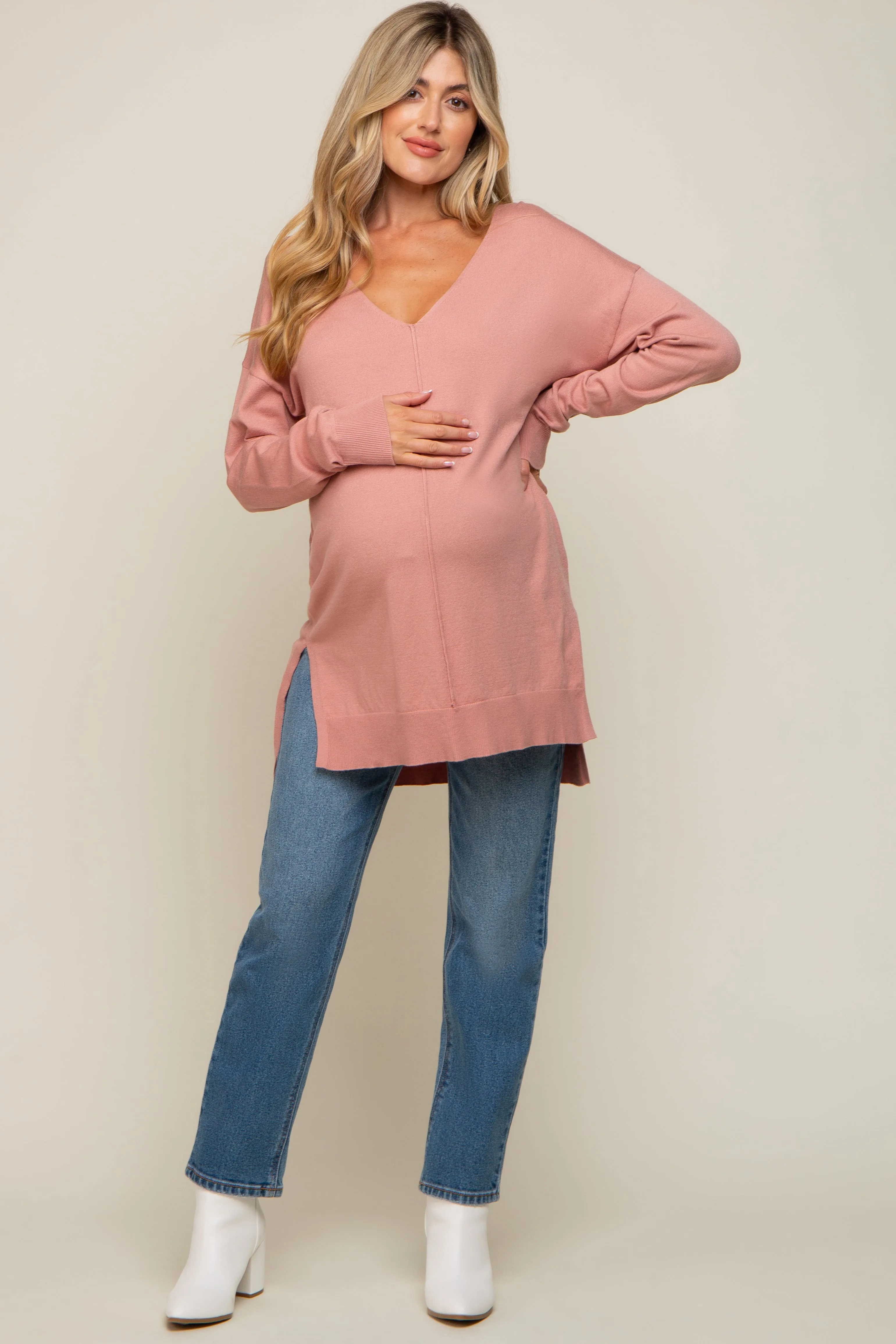 Mauve Oversized Knit Side Slit Maternity Top sold by Pinkblush product image thumbnail 4