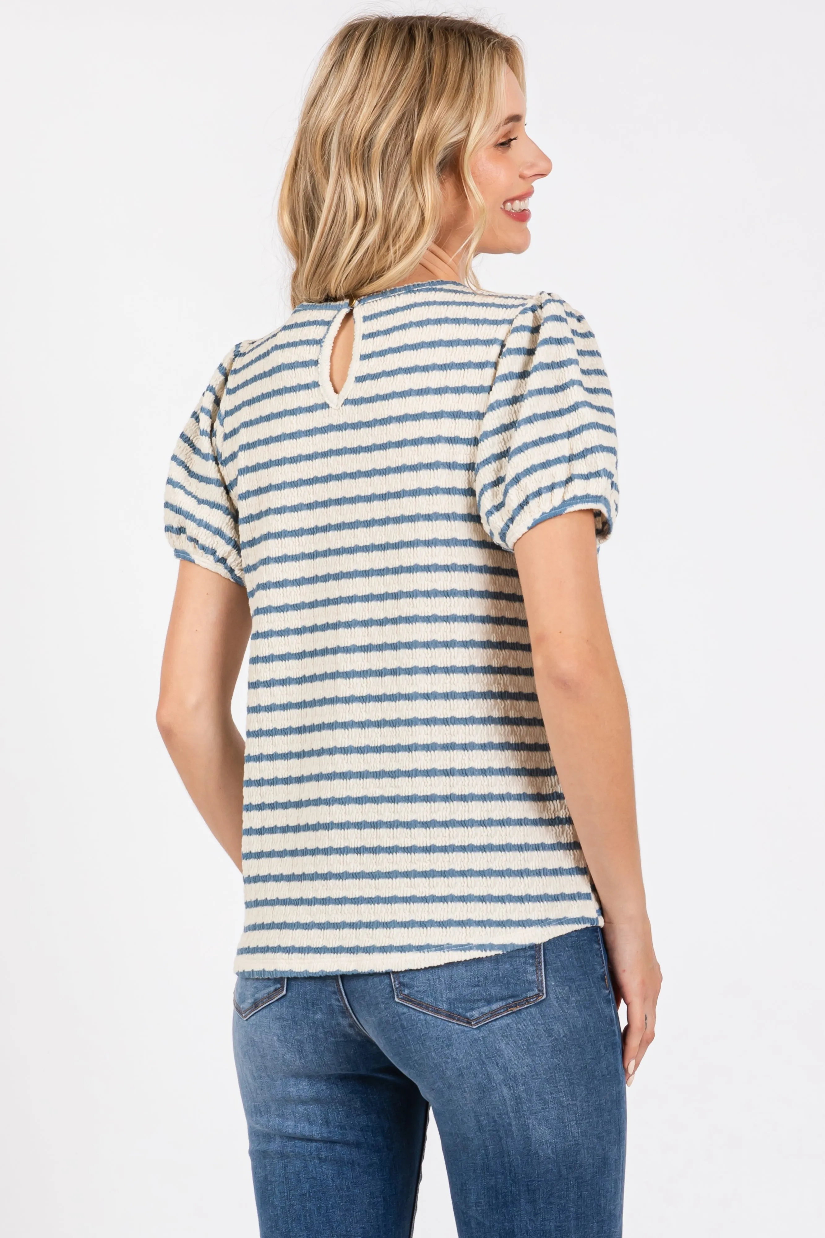 Light Blue Striped Textured Puff Sleeve Top sold by Pinkblush product image thumbnail 3