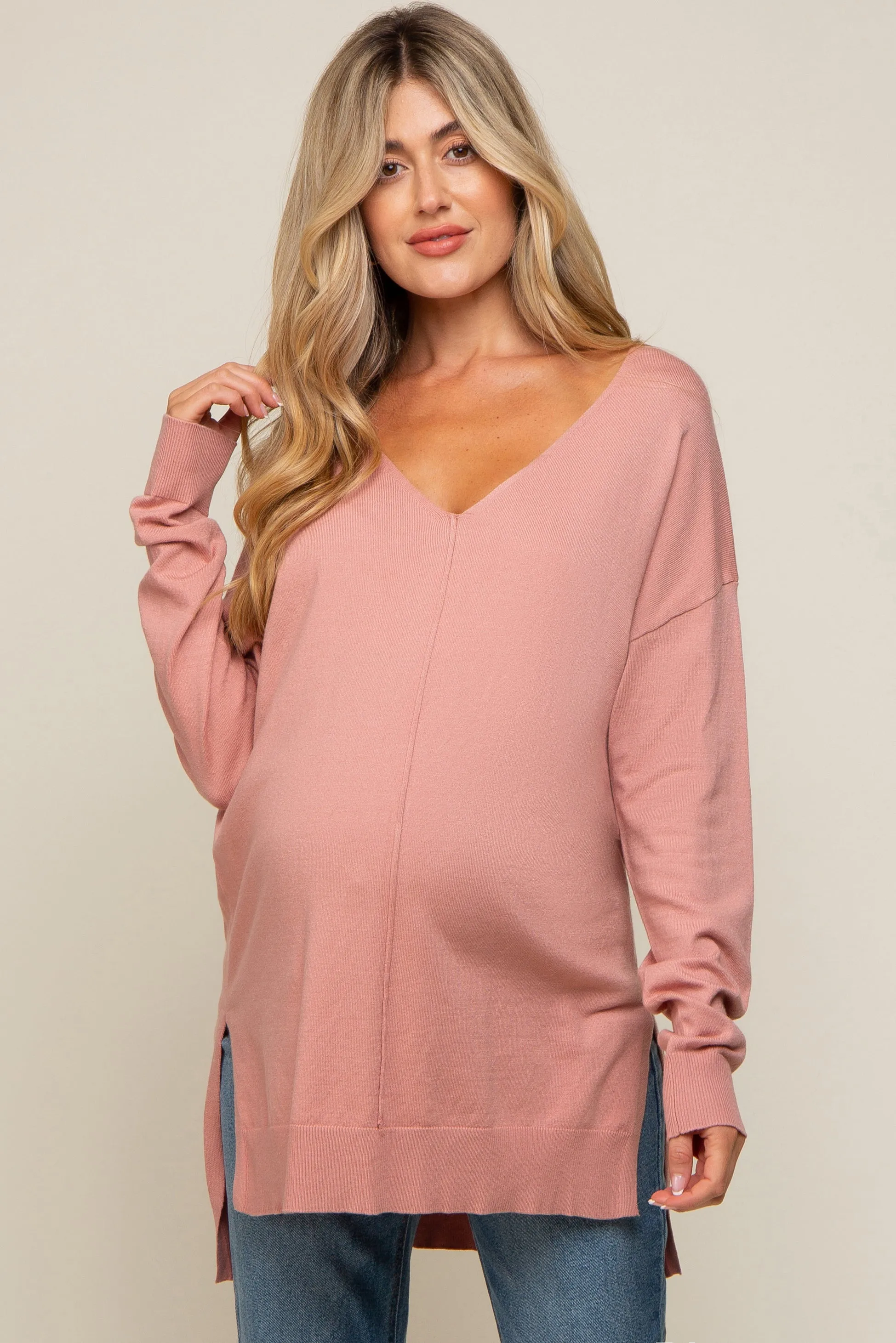 Mauve Oversized Knit Side Slit Maternity Top sold by Pinkblush