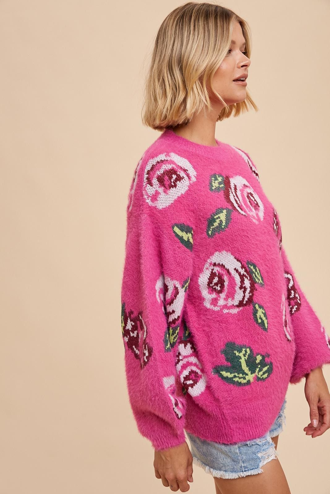 Fuchsia Floral Fuzzy Knit Sweater sold by Pinkblush product image thumbnail 3