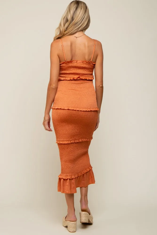 Orange Satin Smocked Fitted Maternity Midi Dress sold by Pinkblush product image thumbnail 3