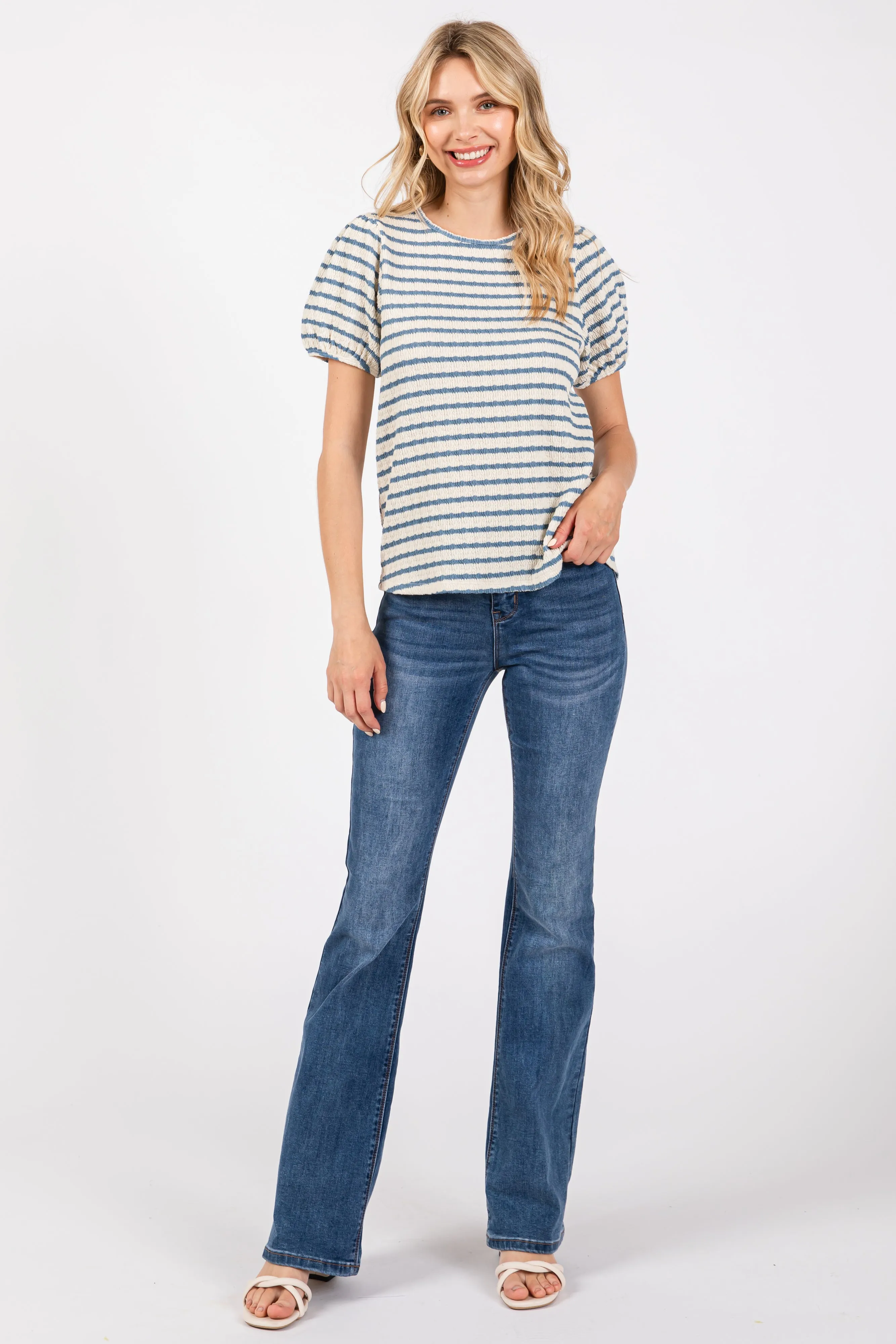 Light Blue Striped Textured Puff Sleeve Top sold by Pinkblush product image thumbnail 4