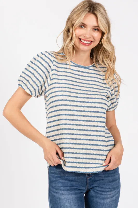 Light Blue Striped Textured Puff Sleeve Top sold by Pinkblush