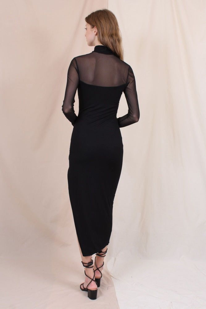 Black Mock Neck Mesh Cut Out Thigh Slit Ankle Dress sold by Pinkblush product image thumbnail 3