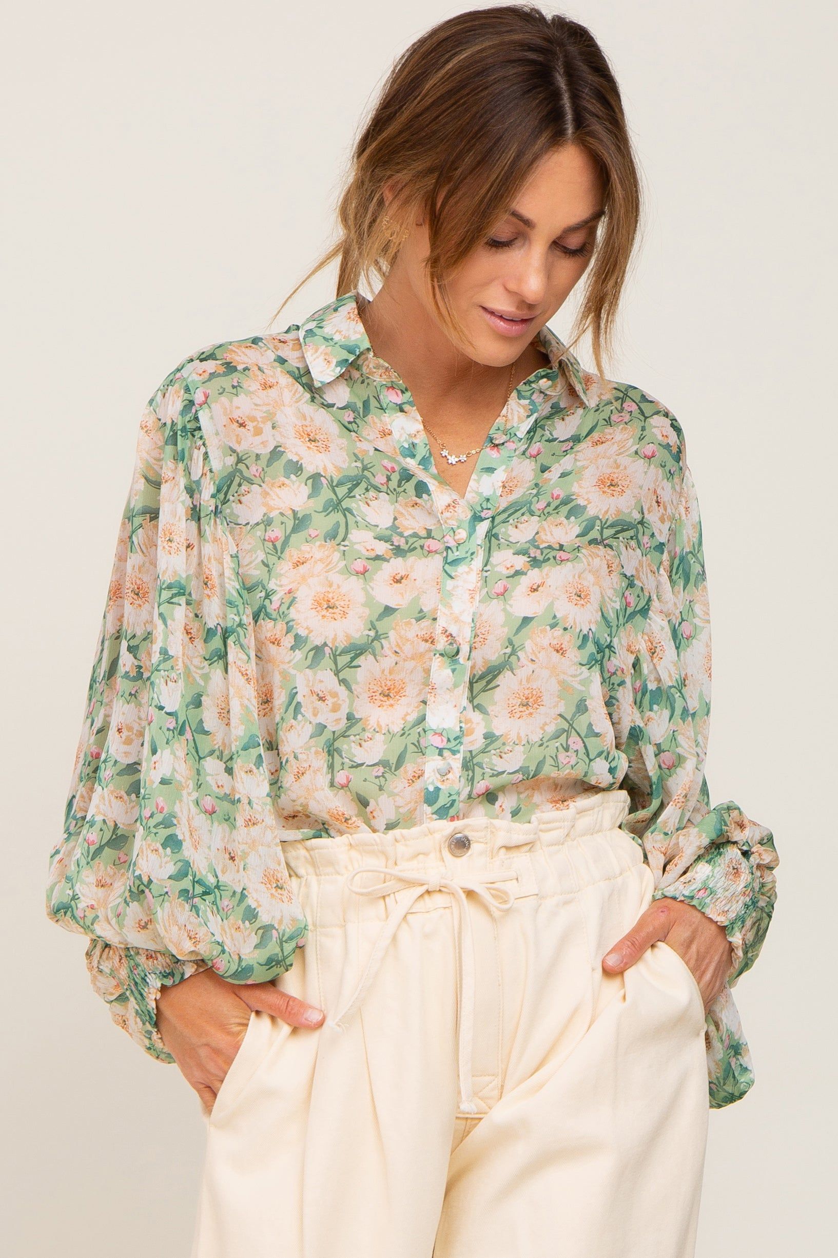 Green Floral Button Up Blouse sold by Pinkblush