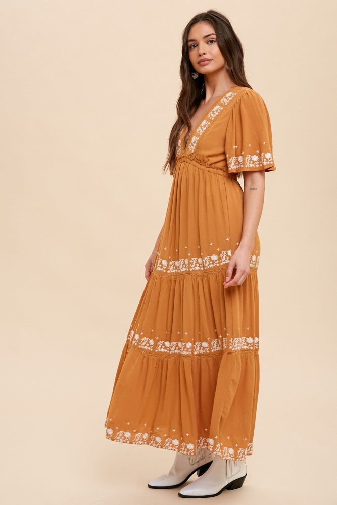 Camel Floral Embroidered Tiered Maxi Dress sold by Pinkblush product image thumbnail 2