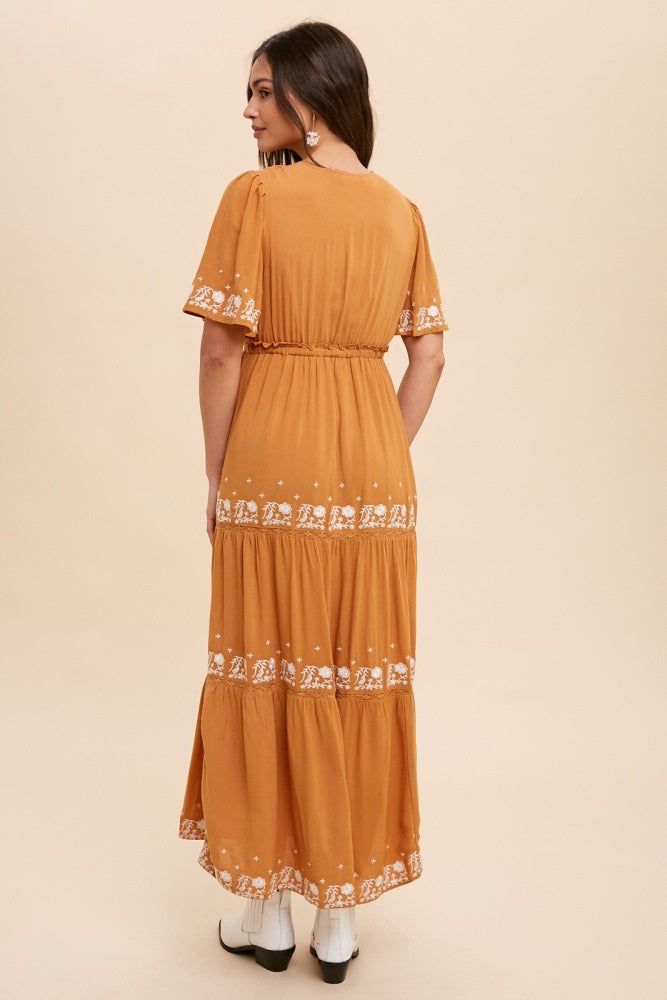 Camel Floral Embroidered Tiered Maxi Dress sold by Pinkblush product image thumbnail 3