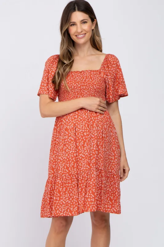 Coral Floral Smocked Maternity Dress sold by Pinkblush